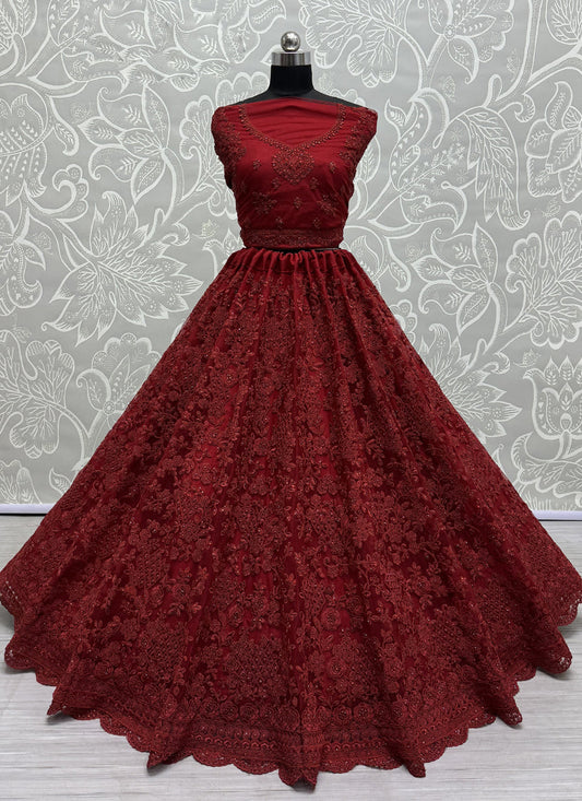 Maroon Heavy Net Embroidered Designer Lehenga Choli