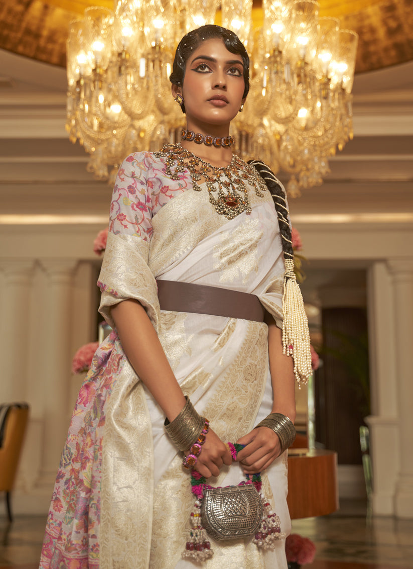 Pearl White Modal Kashmiri Pallu Saree For Festival