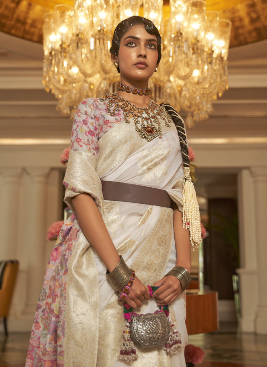 Pearl White Modal Kashmiri Pallu Saree For Festival