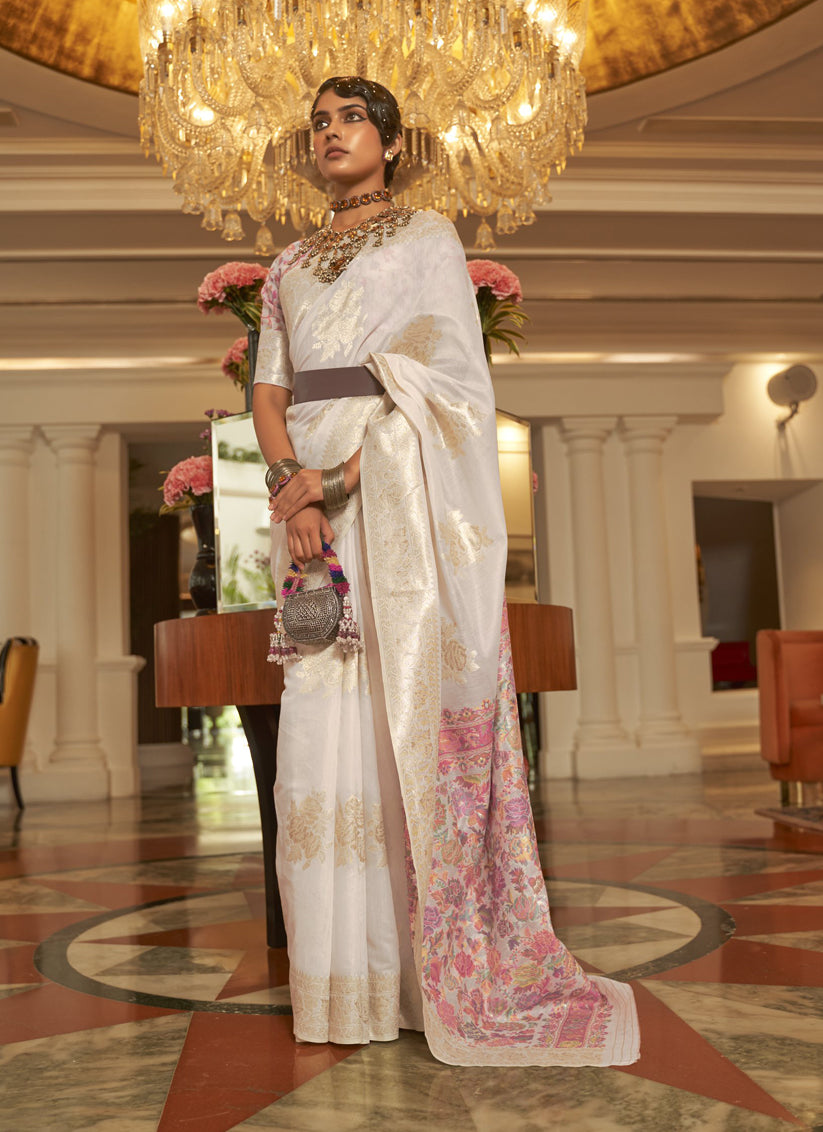 Pearl White Modal Kashmiri Pallu Saree For Festival