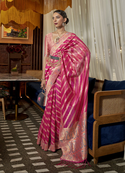 Rani Pink Organza Handloom Woven Saree