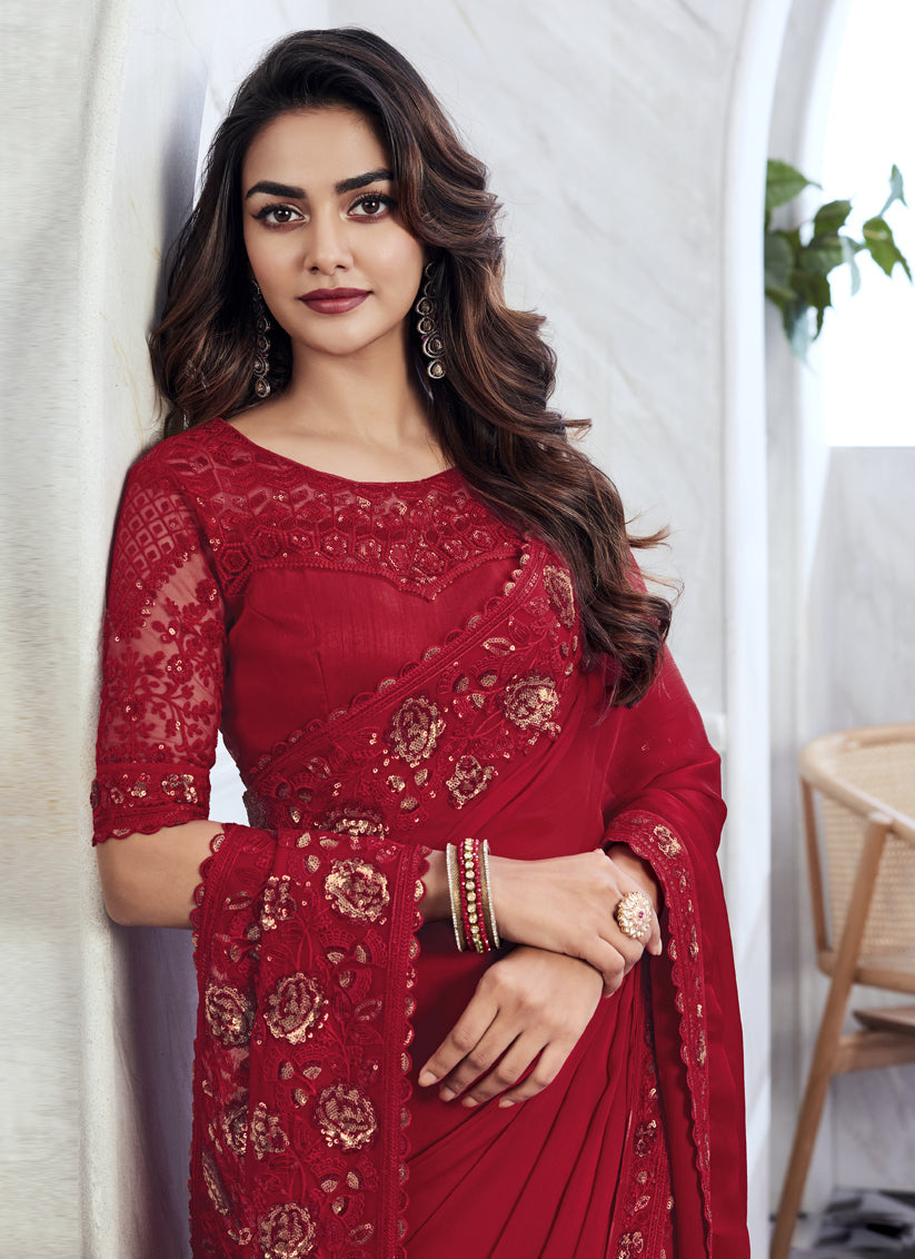 Cherry Red Saree with Embroidered Blouse