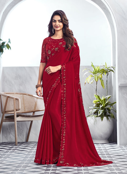 Cherry Red Saree with Embroidered Blouse
