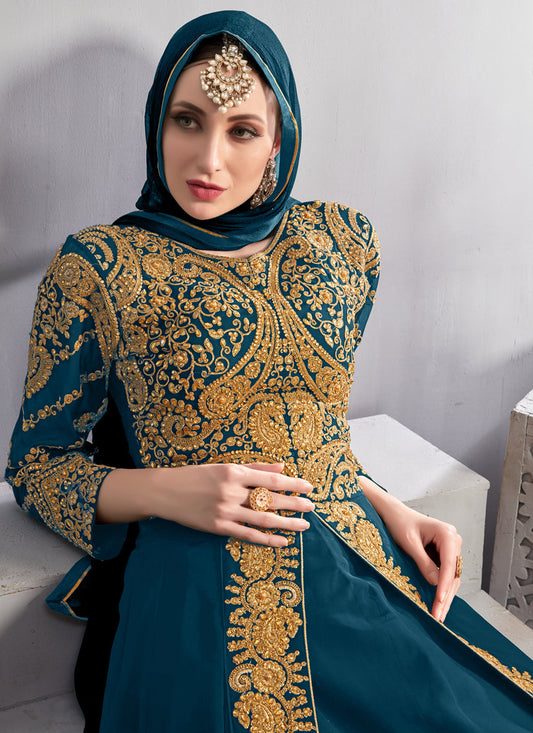 Impeccable Blue Georgette Embroidered Pant Kameez Set