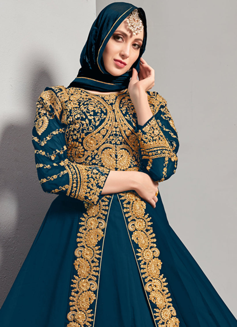 Impeccable Blue Georgette Embroidered Pant Kameez Set