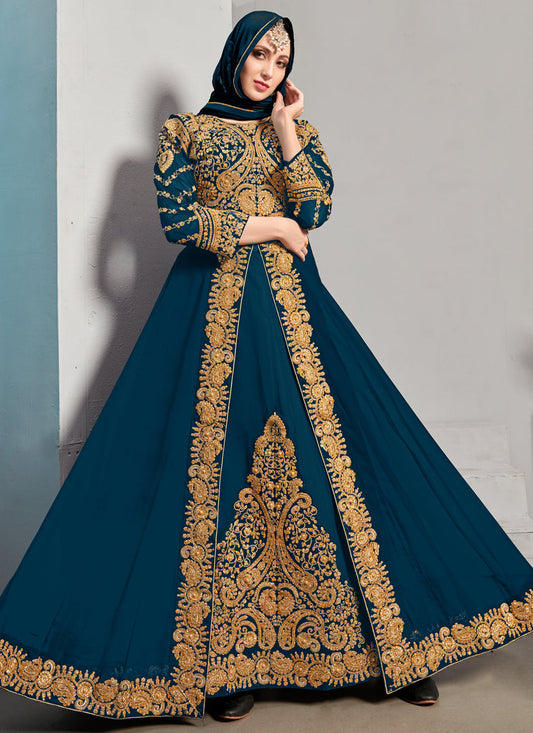 Impeccable Blue Georgette Embroidered Pant Kameez Set