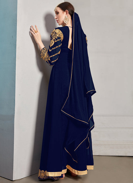 Delightful Navy Blue Georgette Embroidered Pant Kameez Set