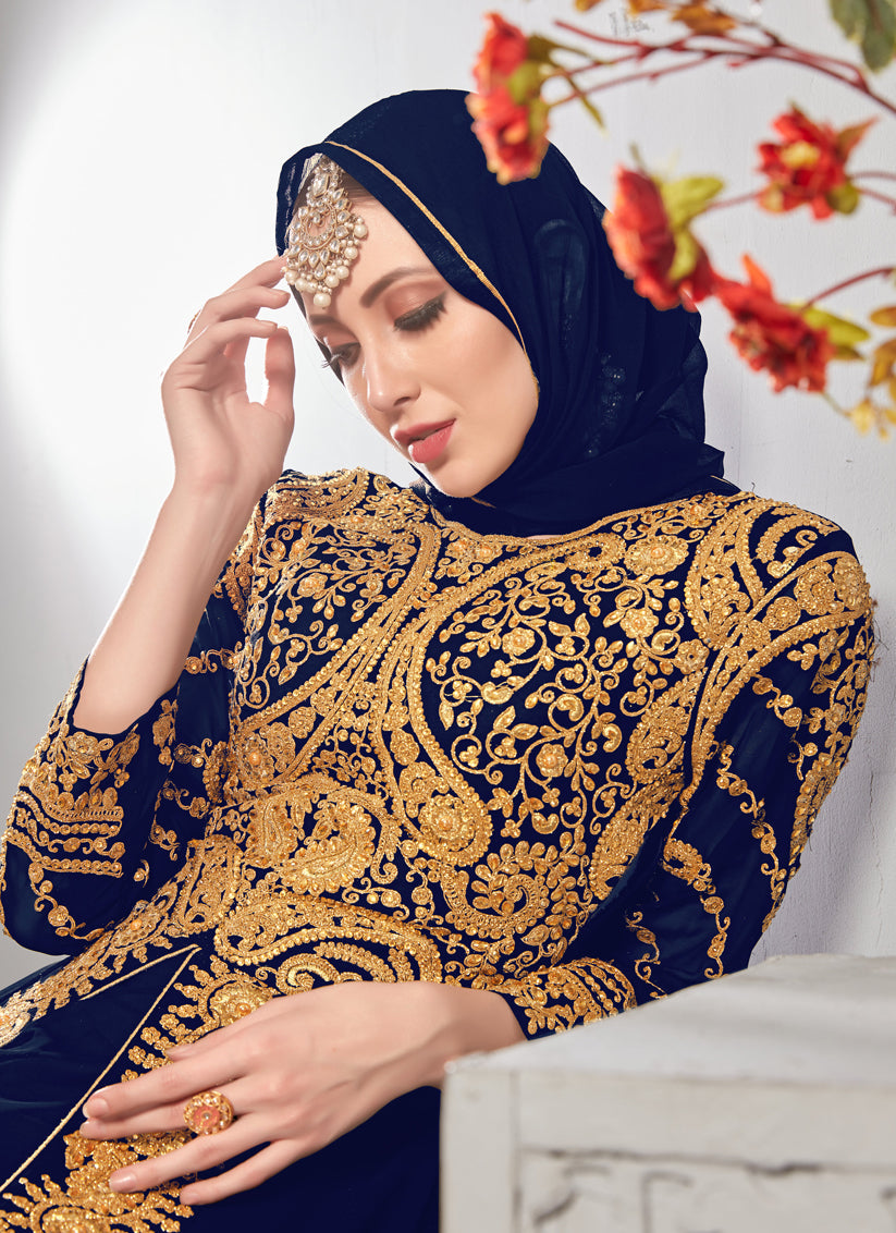 Delightful Navy Blue Georgette Embroidered Pant Kameez Set
