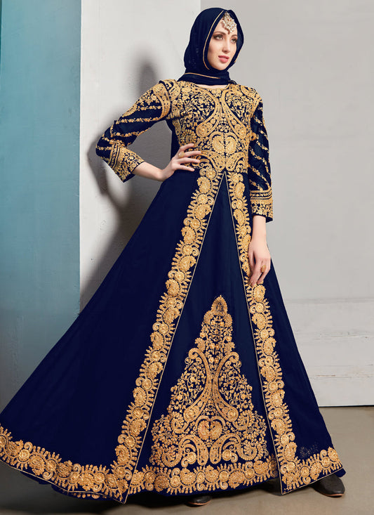 Delightful Navy Blue Georgette Embroidered Pant Kameez Set