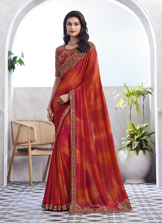 Flame Orange Saree with Embroidered Blouse