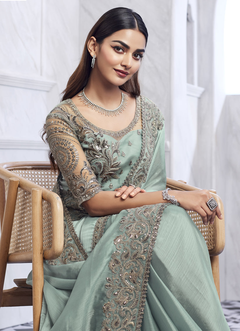 Ice Blue Saree with Embroidered Blouse