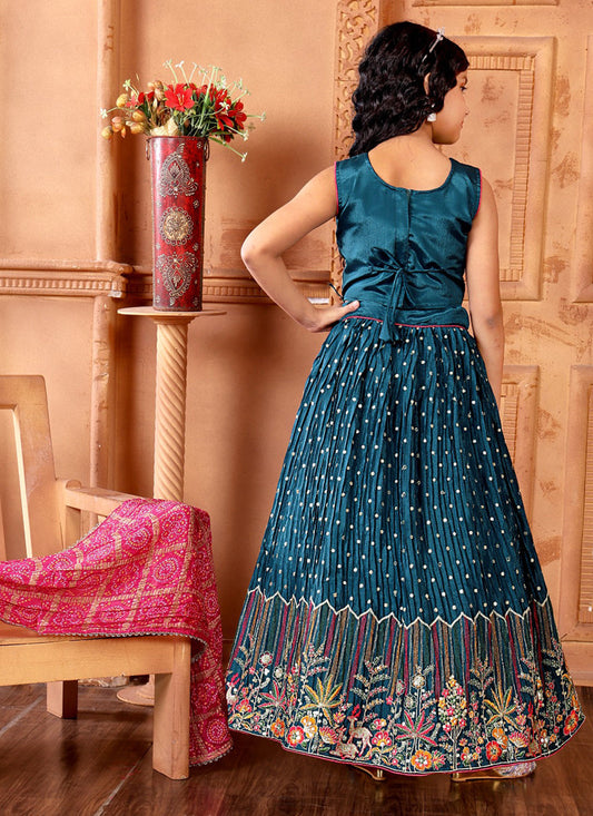 Peacock Blue Chinnon Embroidered Kids Girl Lehenga Choli