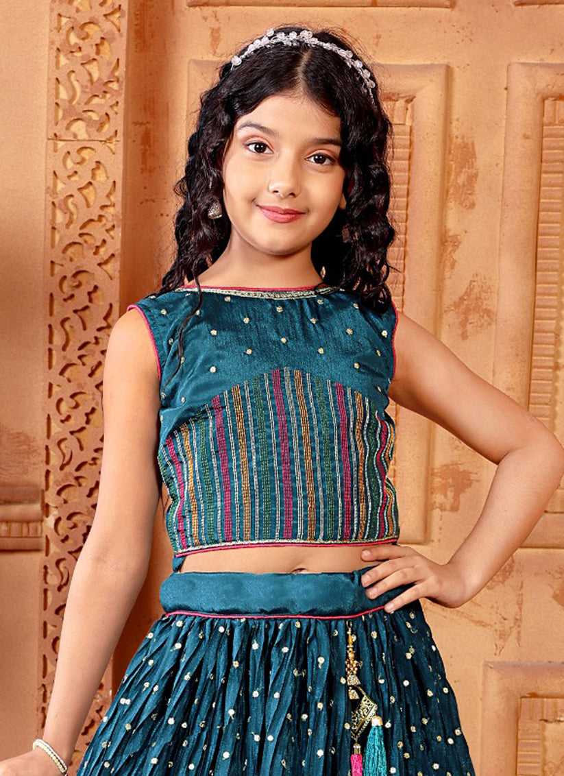 Peacock Blue Chinnon Embroidered Kids Girl Lehenga Choli
