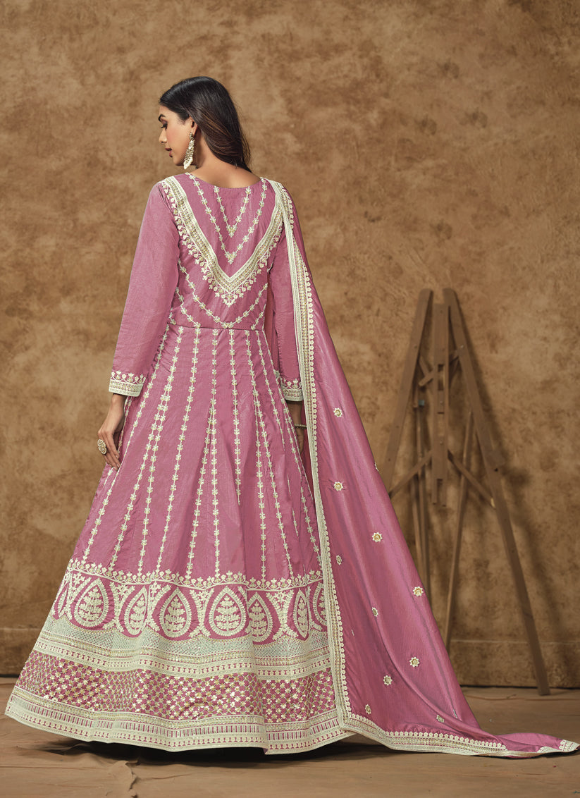 carnation pink dola silk embroidered gown with dupatta