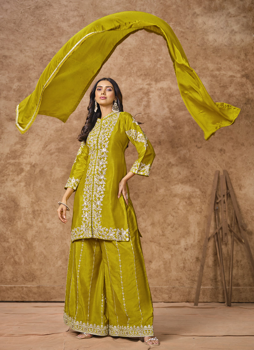 chartreuse green chinnon silk embroidered palazzo kameez