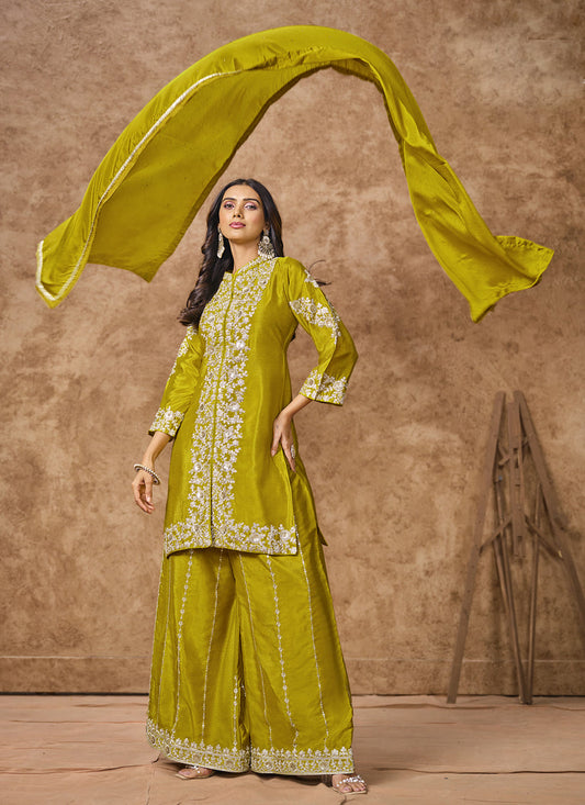 chartreuse green chinnon silk embroidered palazzo kameez