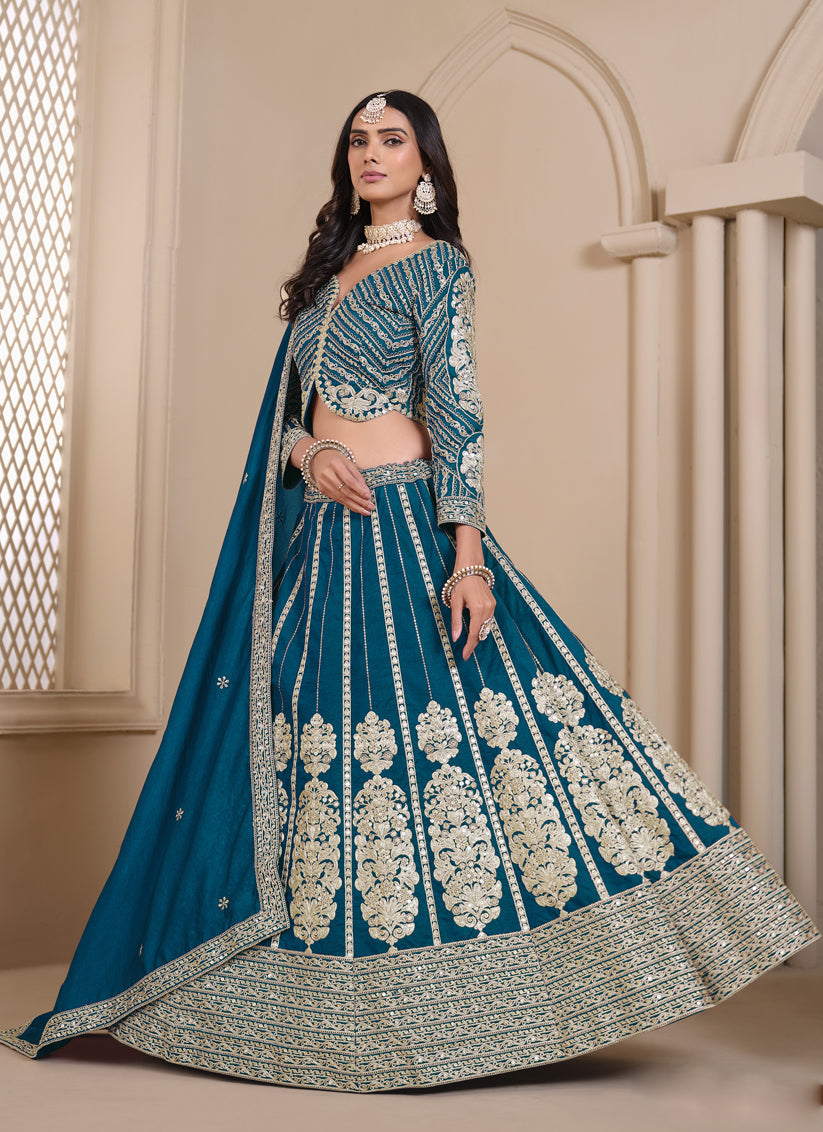 peacock blue shimmer art silk embroidered lehenga choli