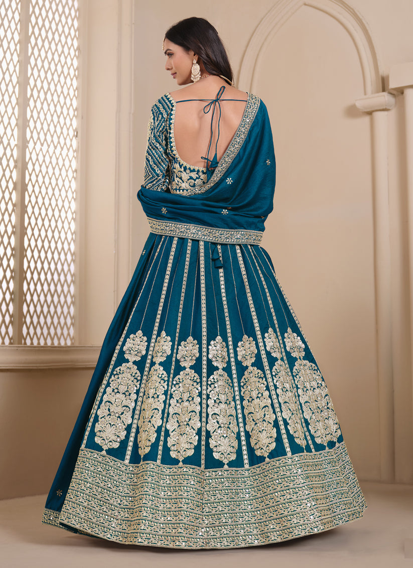peacock blue shimmer art silk embroidered lehenga choli