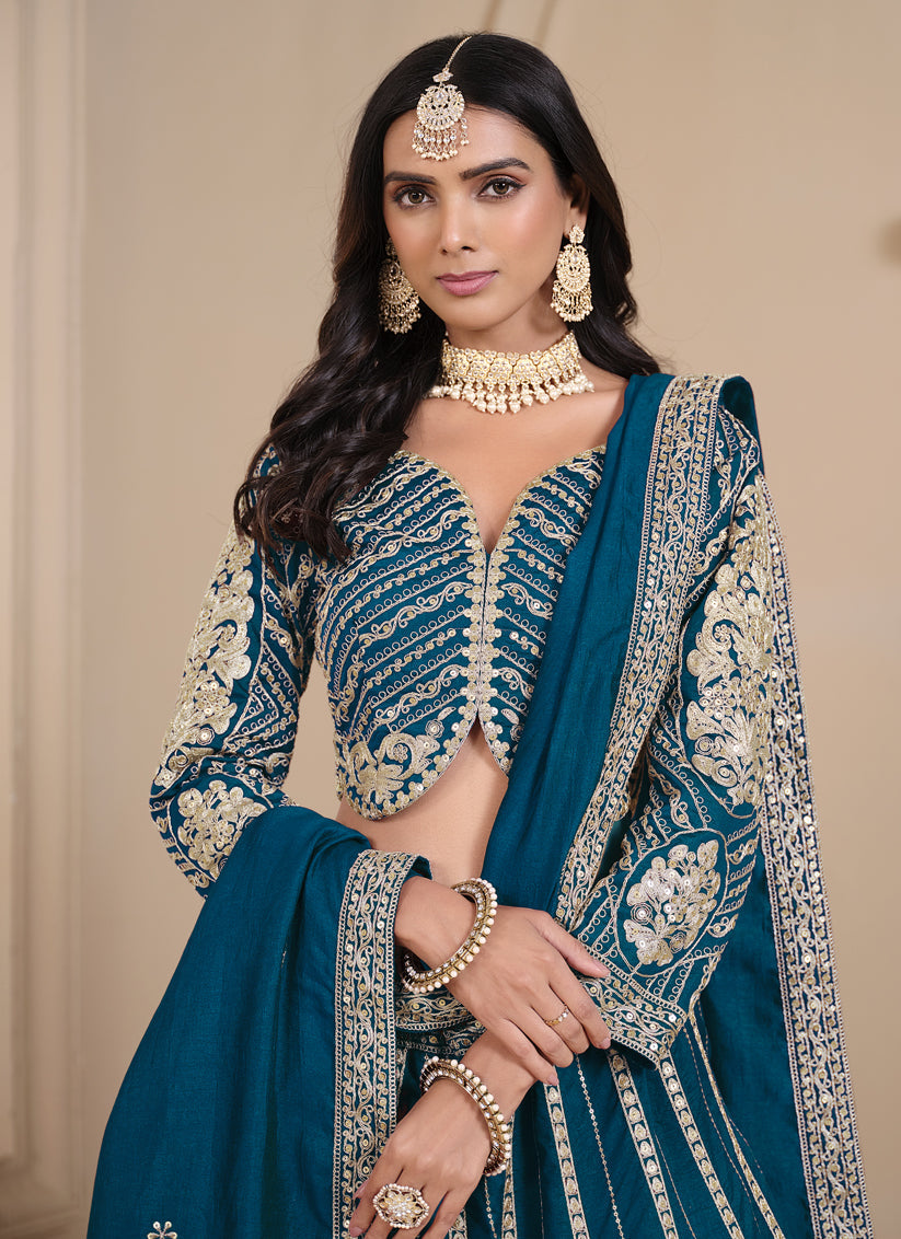 peacock blue shimmer art silk embroidered lehenga choli