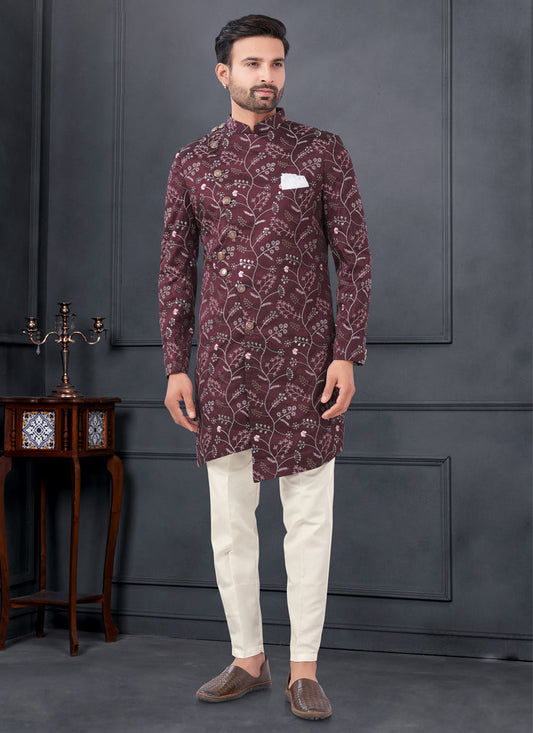 Burgundy Pure Silk Embroidered Mens IndoWestern