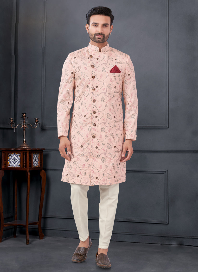 Blush Pink Pure Silk Embroidered Mens IndoWestern