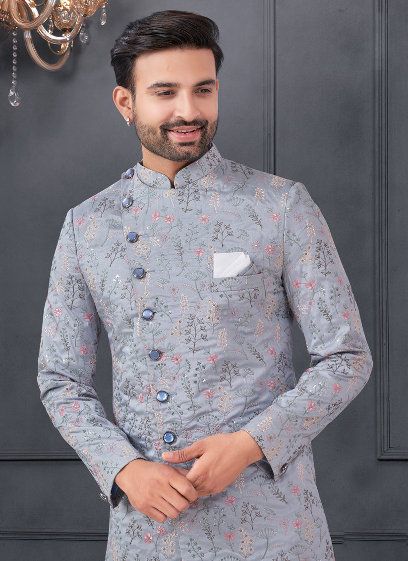 Dove Grey Pure Silk Embroidered Mens IndoWestern