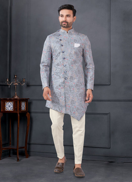 Dove Grey Pure Silk Embroidered Mens IndoWestern