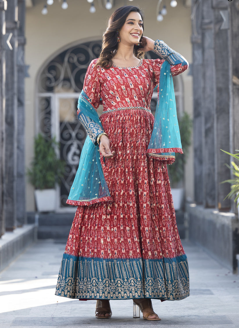Maroon Satin Georgette Embroidered Readymade Long Anarkali Gown