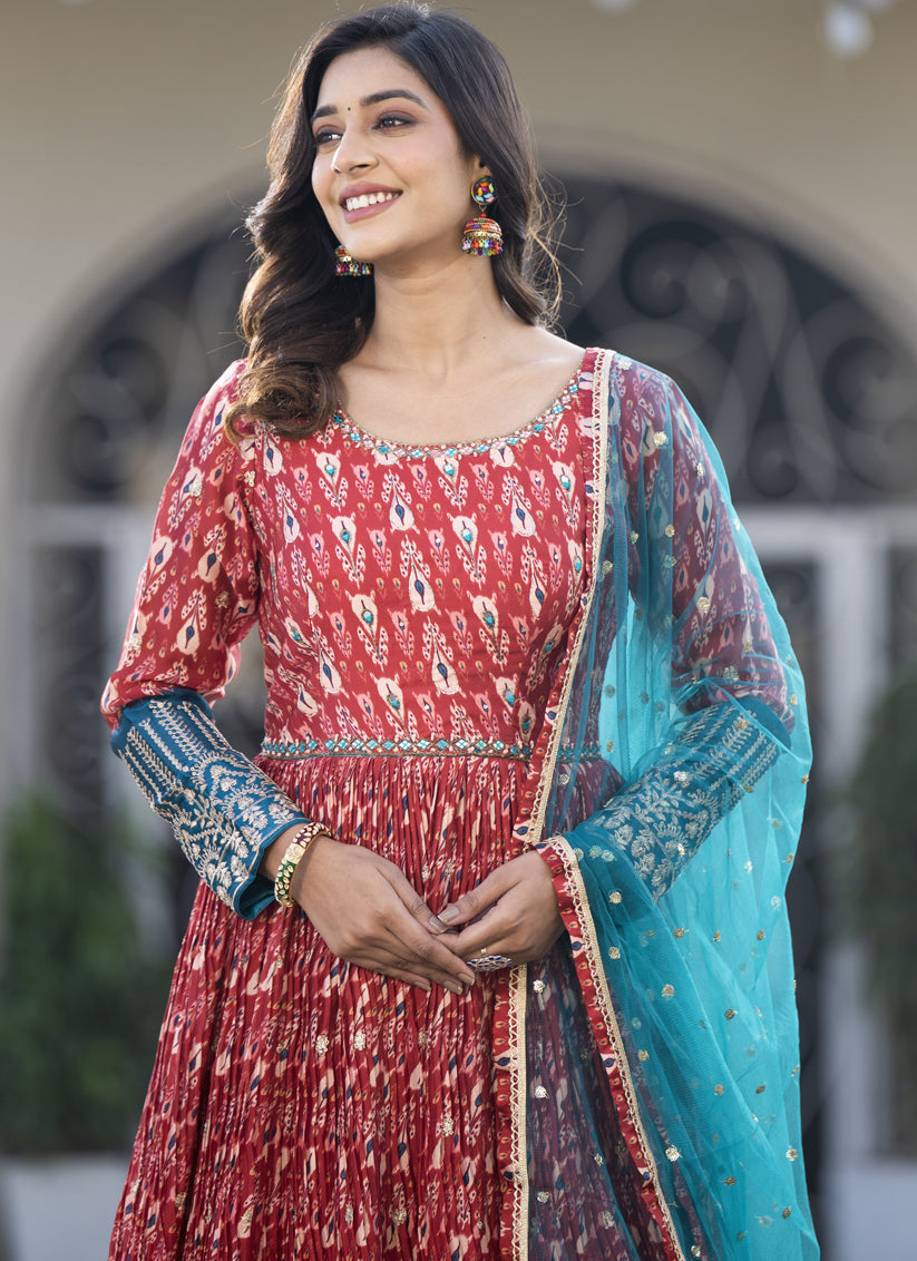 Maroon Satin Georgette Embroidered Readymade Long Anarkali Gown