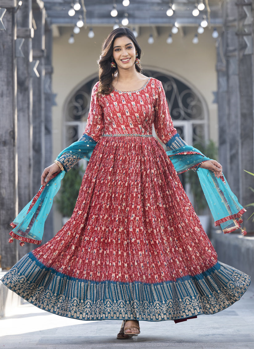 Maroon Satin Georgette Embroidered Readymade Long Anarkali Gown