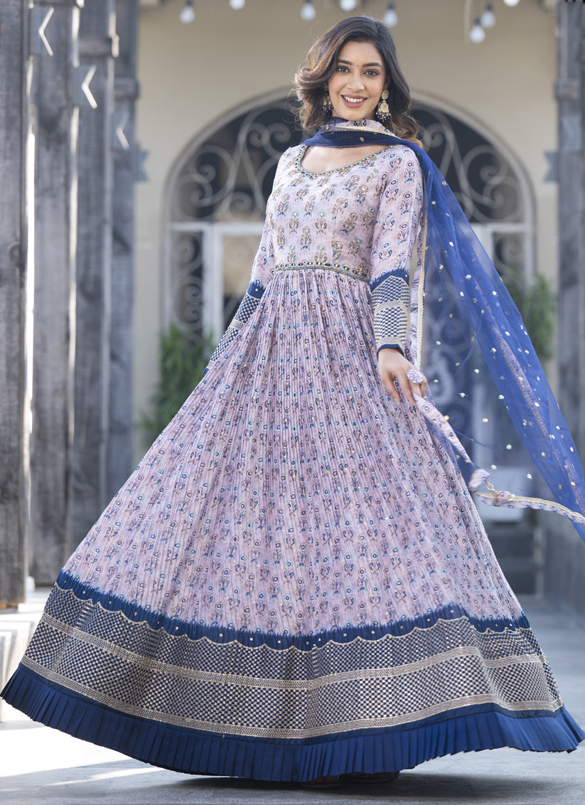 Lavender Satin Georgette Embroidered Readymade Anarkali Gown