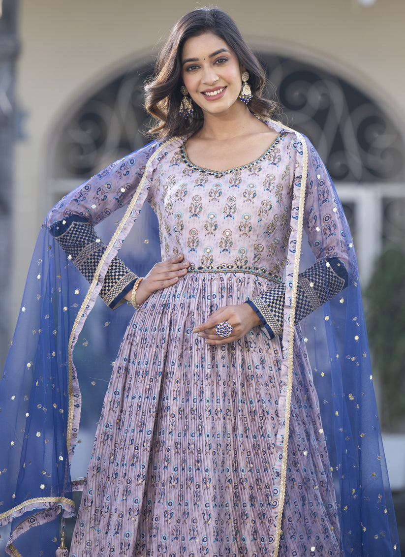 Lavender Satin Georgette Embroidered Readymade Anarkali Gown