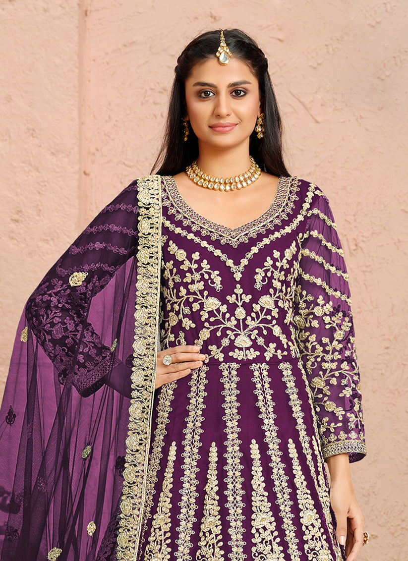 Delightful Purple Net Heavy Embroidered Anarkali Suit