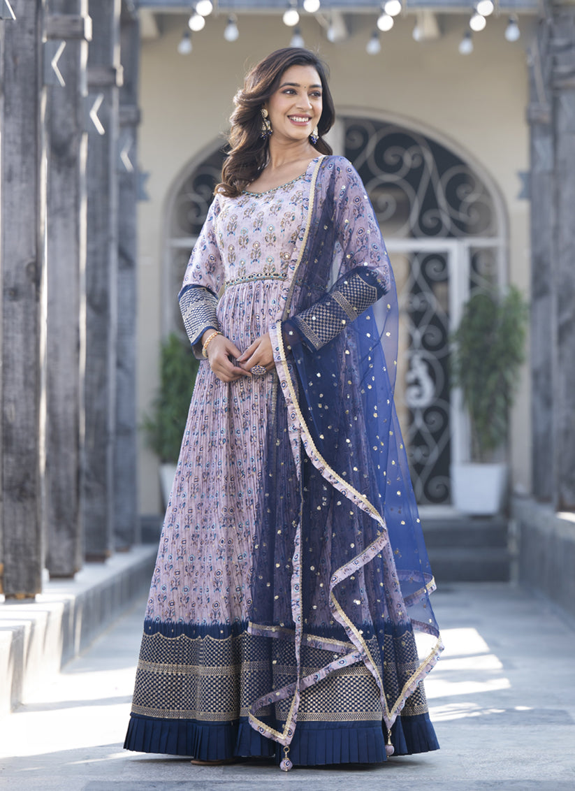 Lavender Satin Georgette Embroidered Readymade Anarkali Gown
