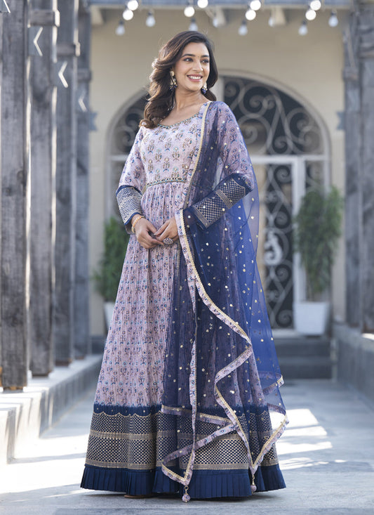 Lavender Satin Georgette Embroidered Readymade Anarkali Gown