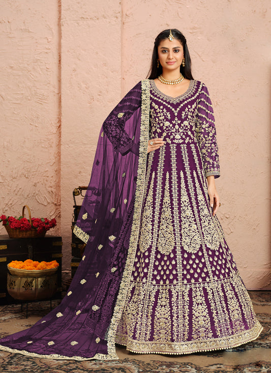 Delightful Purple Net Heavy Embroidered Anarkali Suit