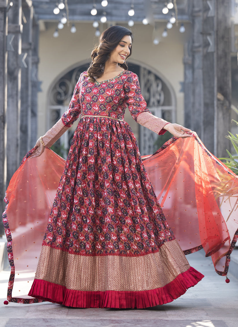 Red Satin Georgette Embroidered Readymade Long Anarkali Gown