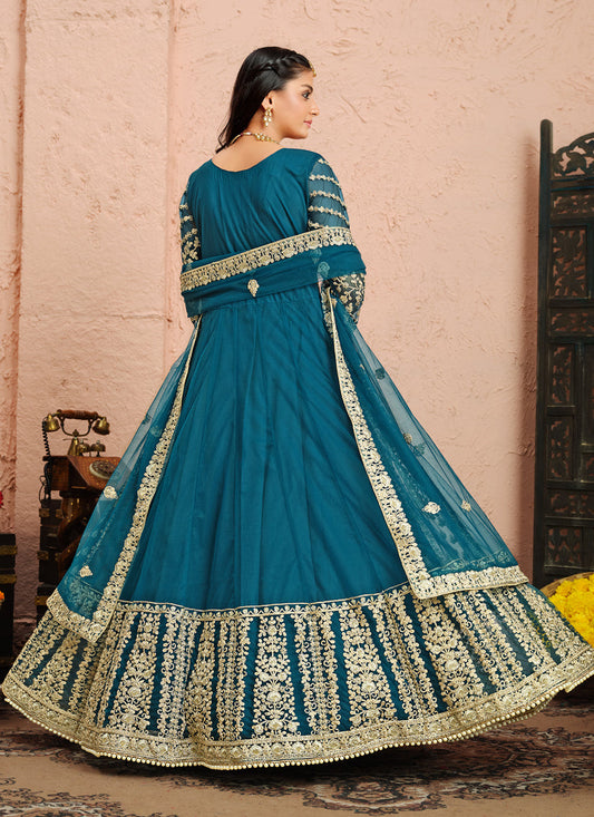Stunning Teal Blue Net Heavy Embroidered Anarkali Suit
