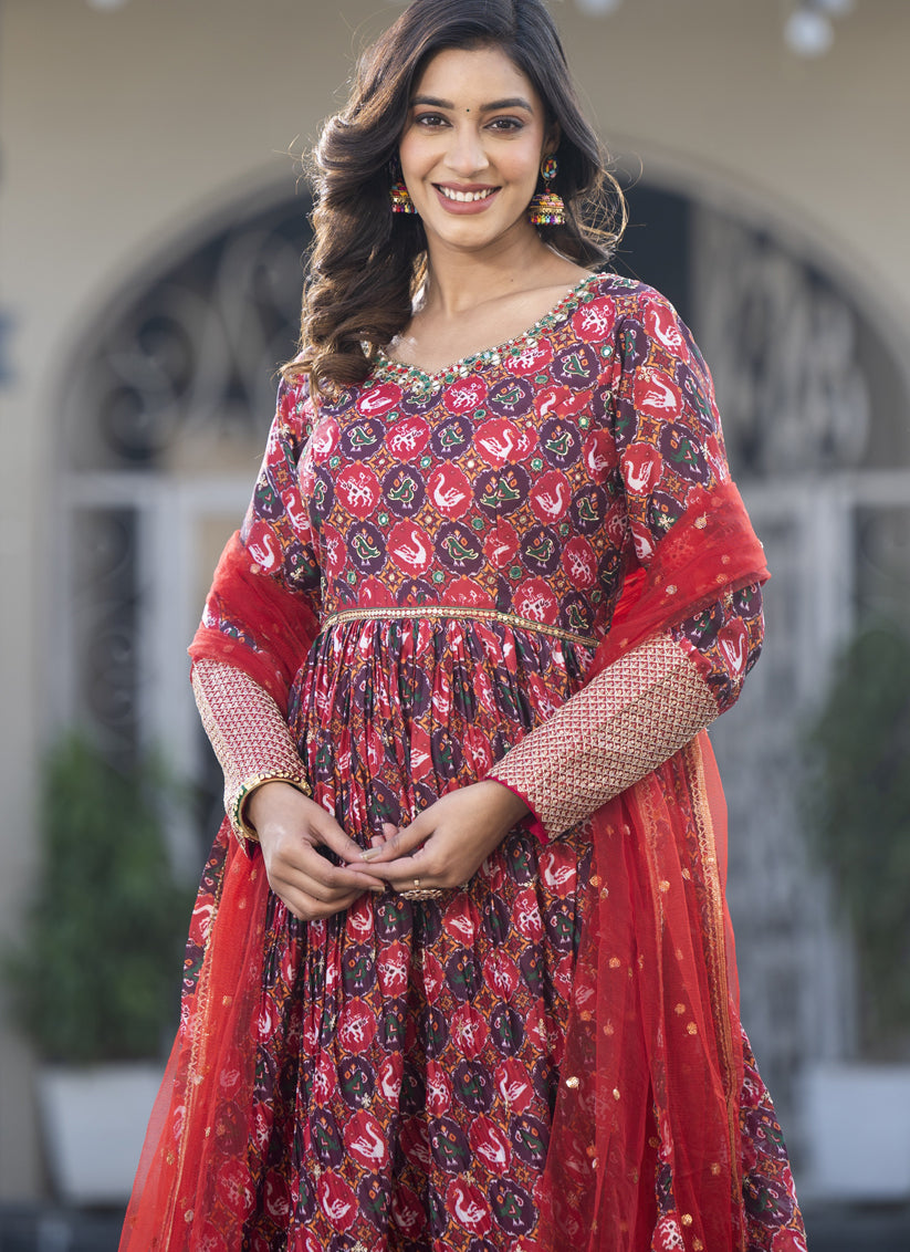 Red Satin Georgette Embroidered Readymade Long Anarkali Gown