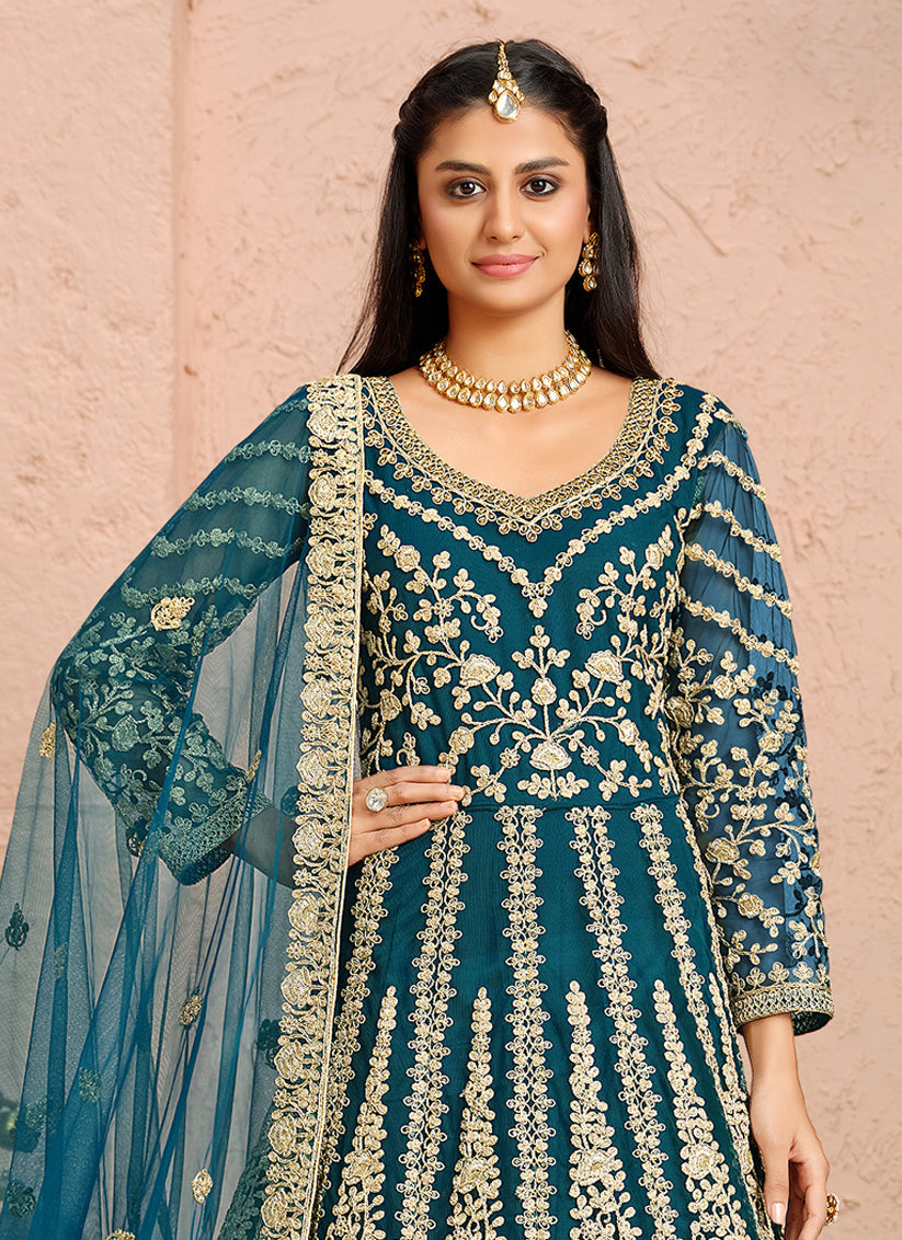Stunning Teal Blue Net Heavy Embroidered Anarkali Suit