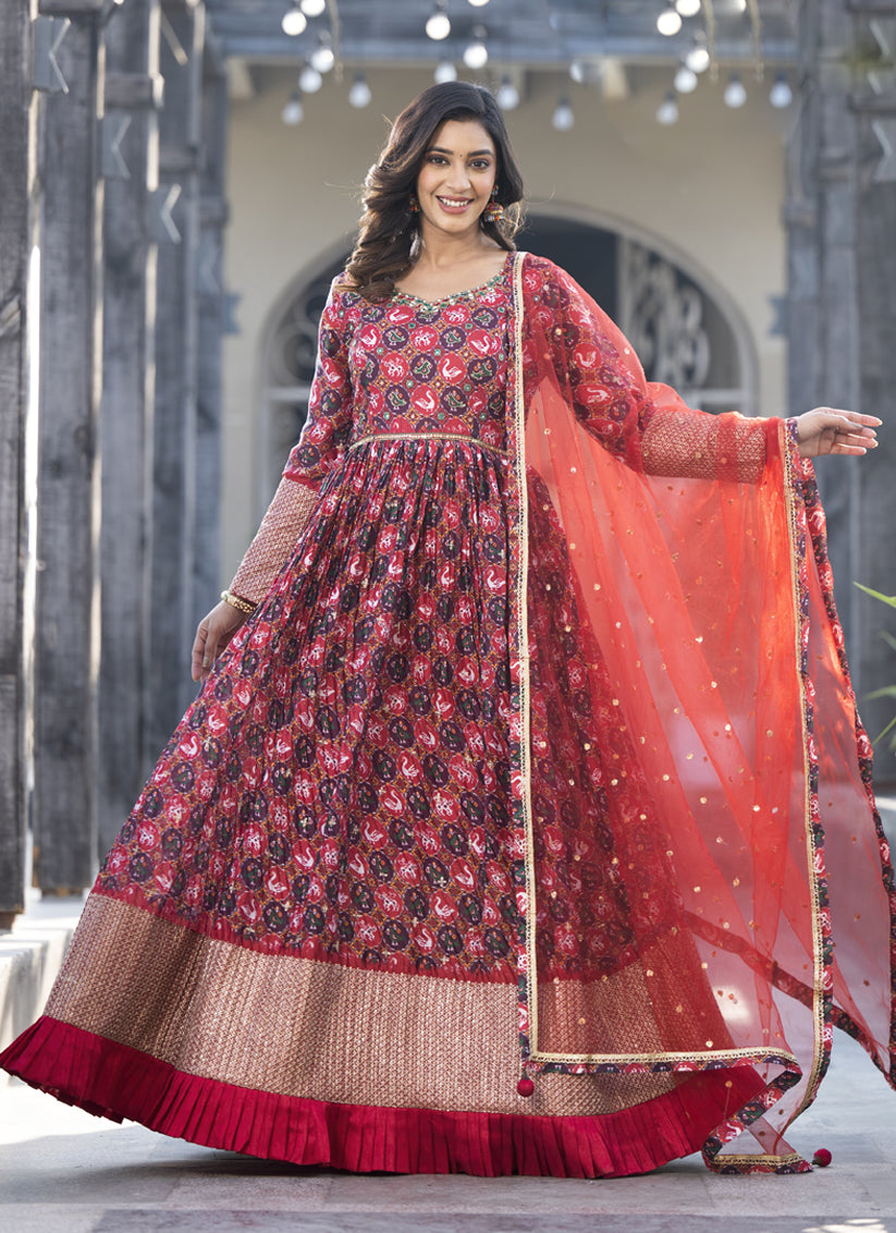 Red Satin Georgette Embroidered Readymade Long Anarkali Gown