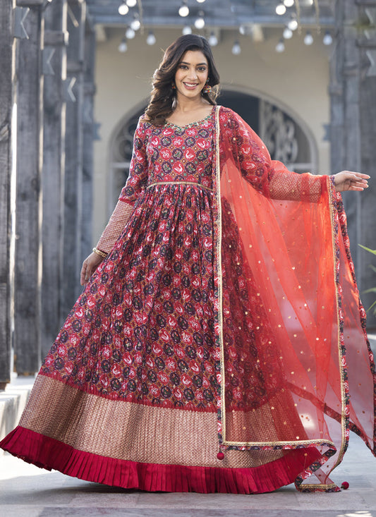 Red Satin Georgette Embroidered Readymade Long Anarkali Gown
