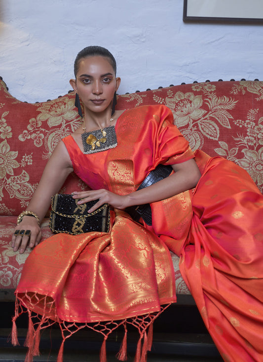 Coral Handloom Silk Weaving Saree