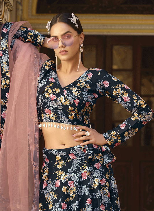 Black Silk Floral Printed Lehenga Choli