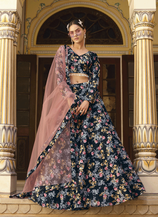Black Silk Floral Printed Lehenga Choli