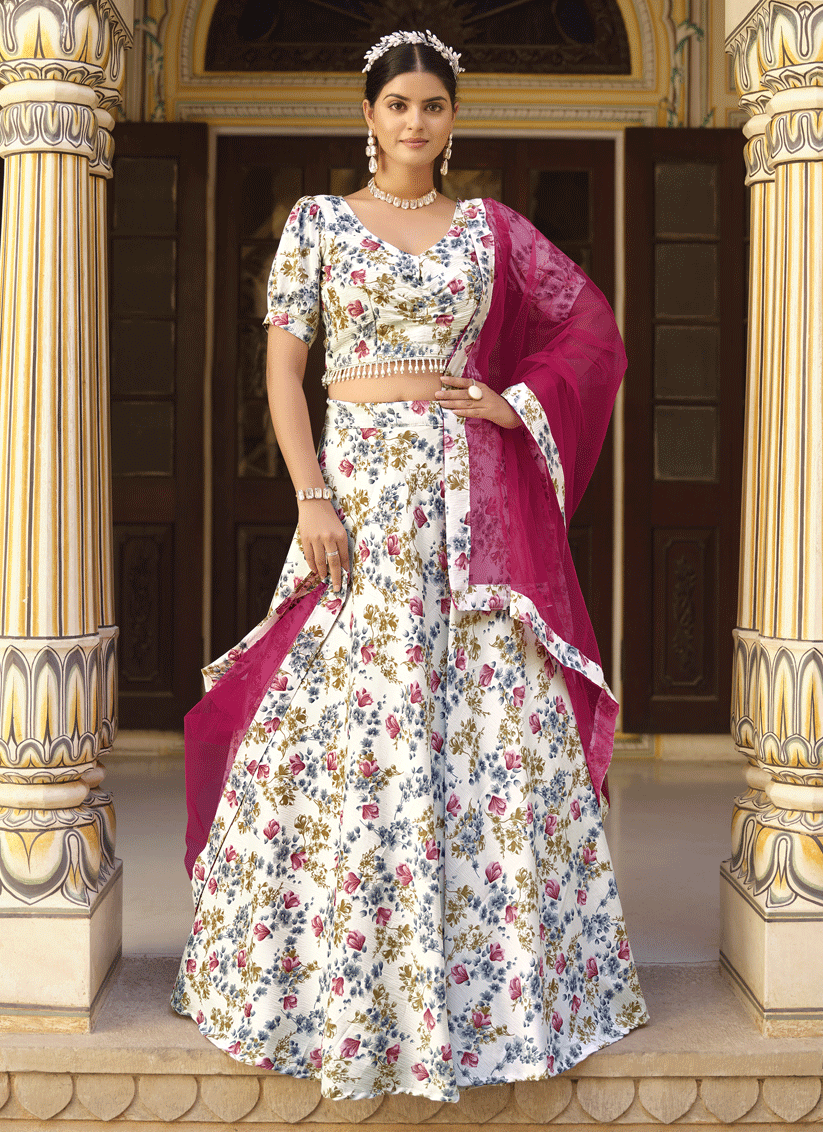 White Silk Floral Printed Lehenga Choli