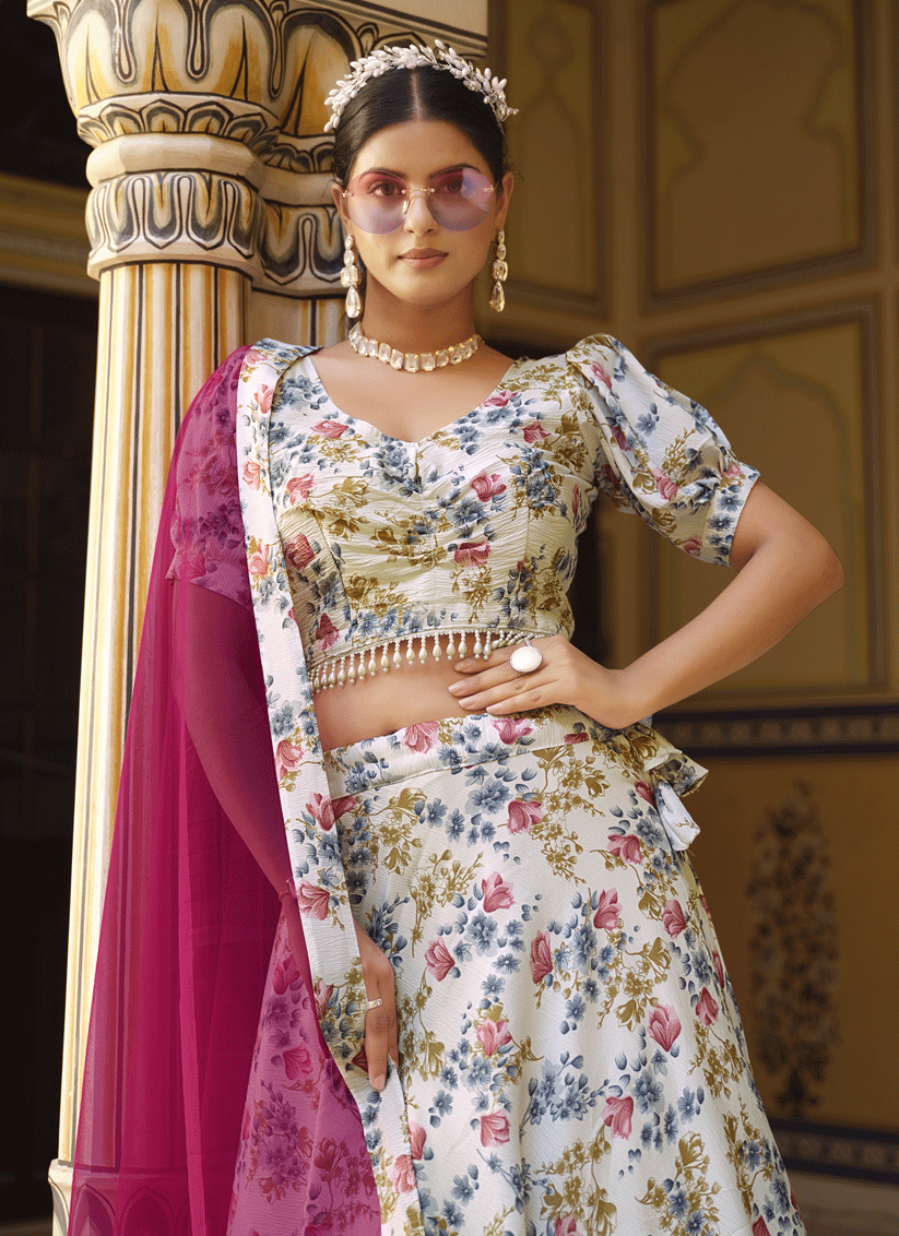 White Silk Floral Printed Lehenga Choli