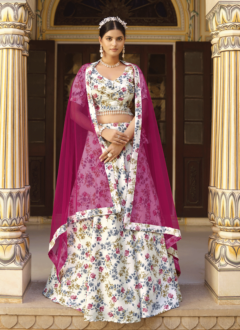 White Silk Floral Printed Lehenga Choli