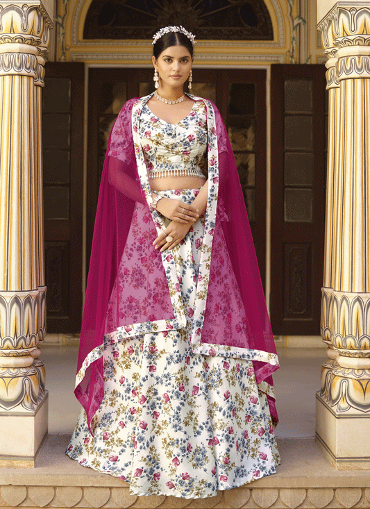 White Silk Floral Printed Lehenga Choli