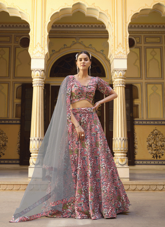 Dusty Pink Silk Floral Printed Lehenga Choli